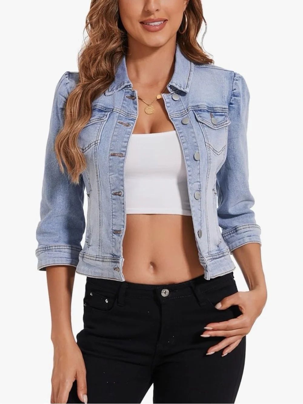 Women’s Cropped 3/4 Puff Sleeve Denim Jacket